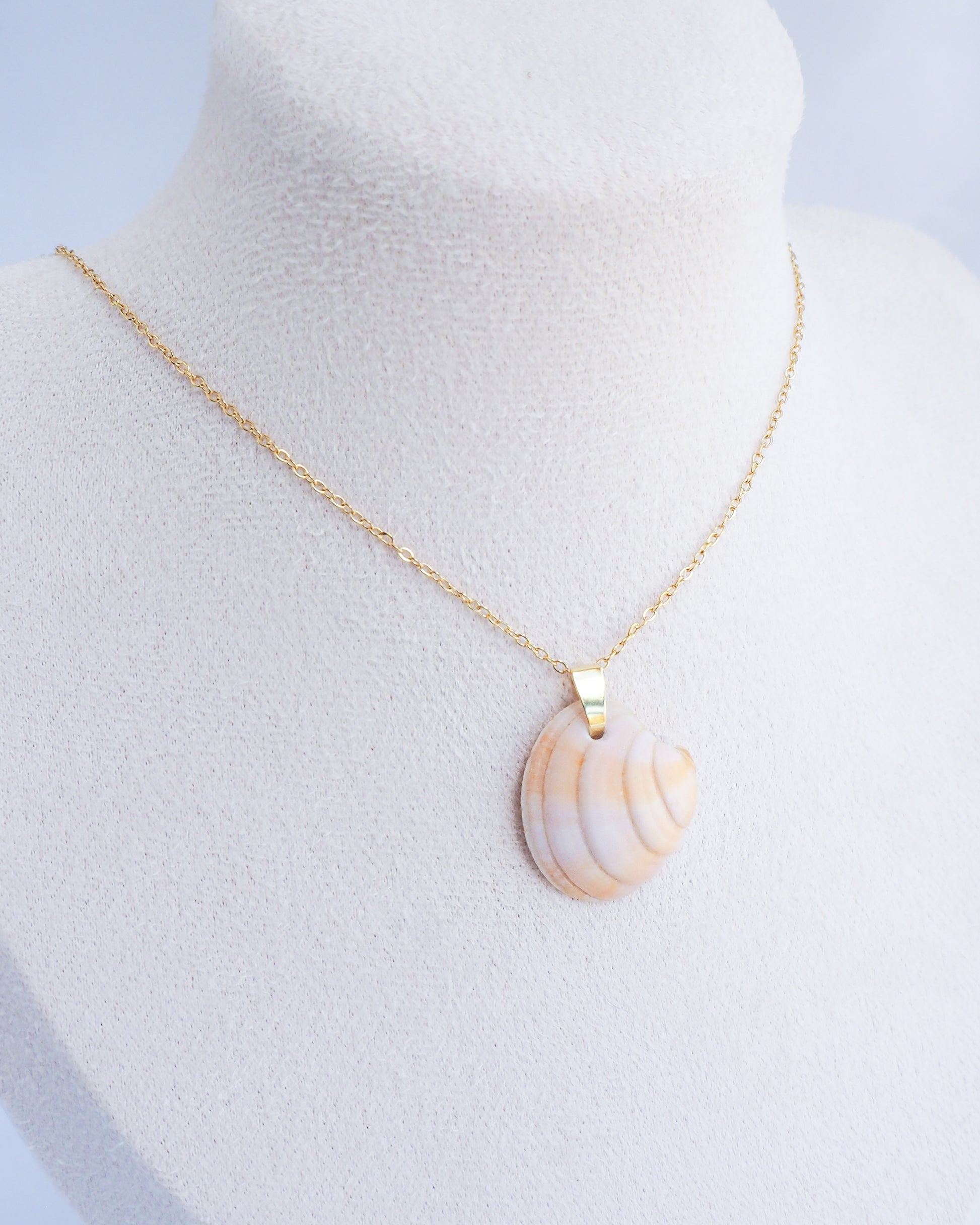 Gold Soft Pink Sunset Venus Shell Necklace on model