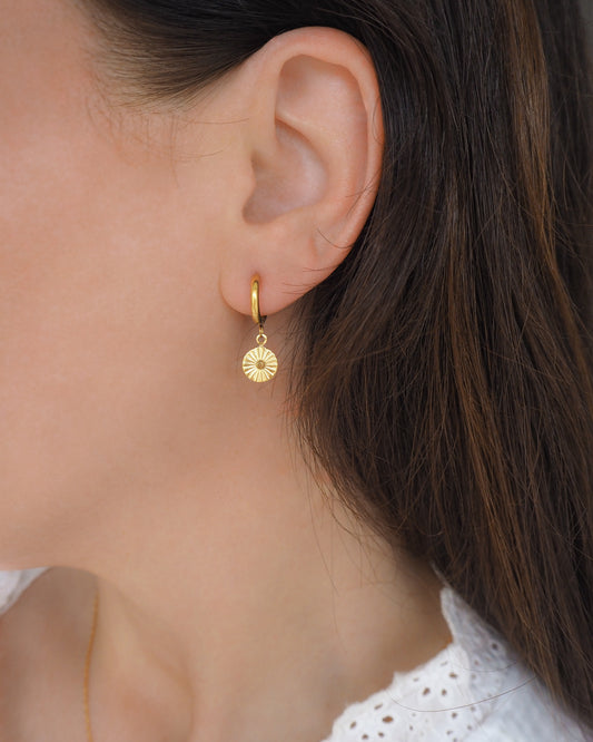 Gold Sunrise Earrings in ear, Sunny Hoop Earrings, Summer jewelry, Beach jewellery