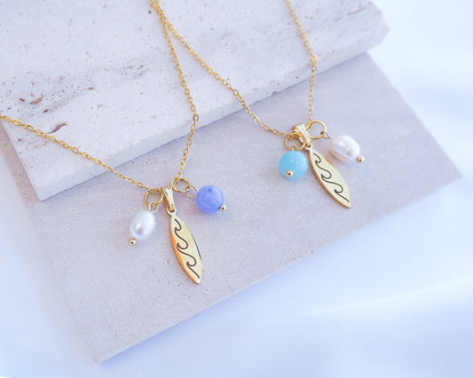 Gold Surfboard Necklace with Freshwater Pearl and Gemstone Beads, Ocean Inspired Jewelry