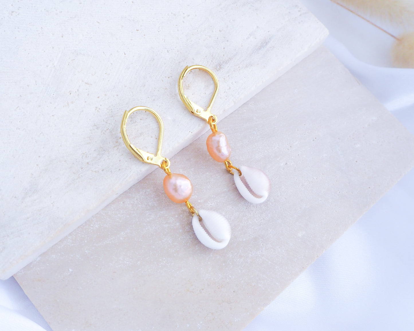 Gold Tiny Cowrie Seashell Wedding Earrings with Rose Freshwater Pearl, Trendy Shell Beach Shell Drop Earrings
