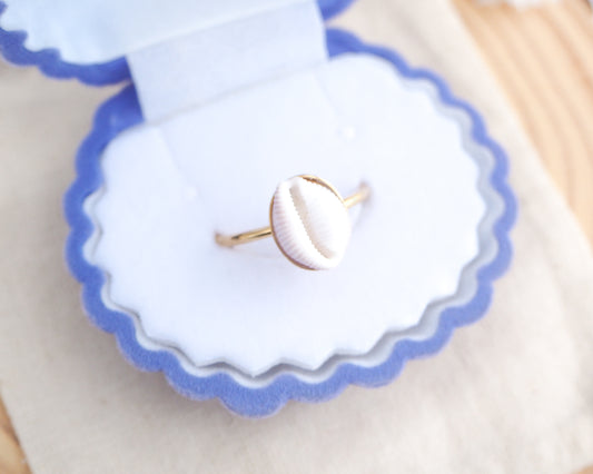 Velvet Shell Box with European Cowrie Shell Gold Ring from Portugal, Handpicked Spotted Cowrie Shell from Portugal, Gold Stainless Steel ring with tiny cowrie shell, Gift for beach girls