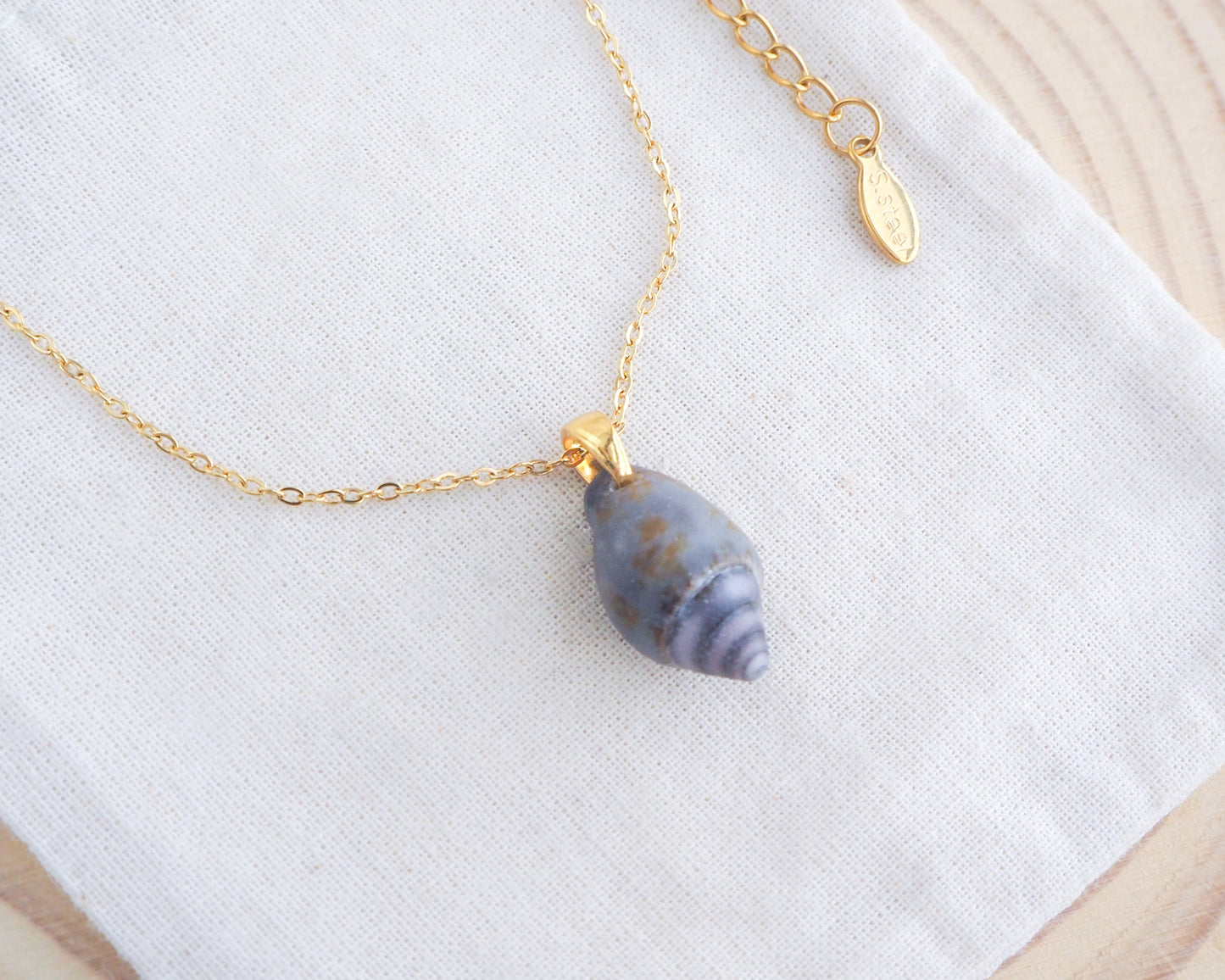 Tiny Dark Dove Shell Necklace, Tiny dark shell from Portugal on display