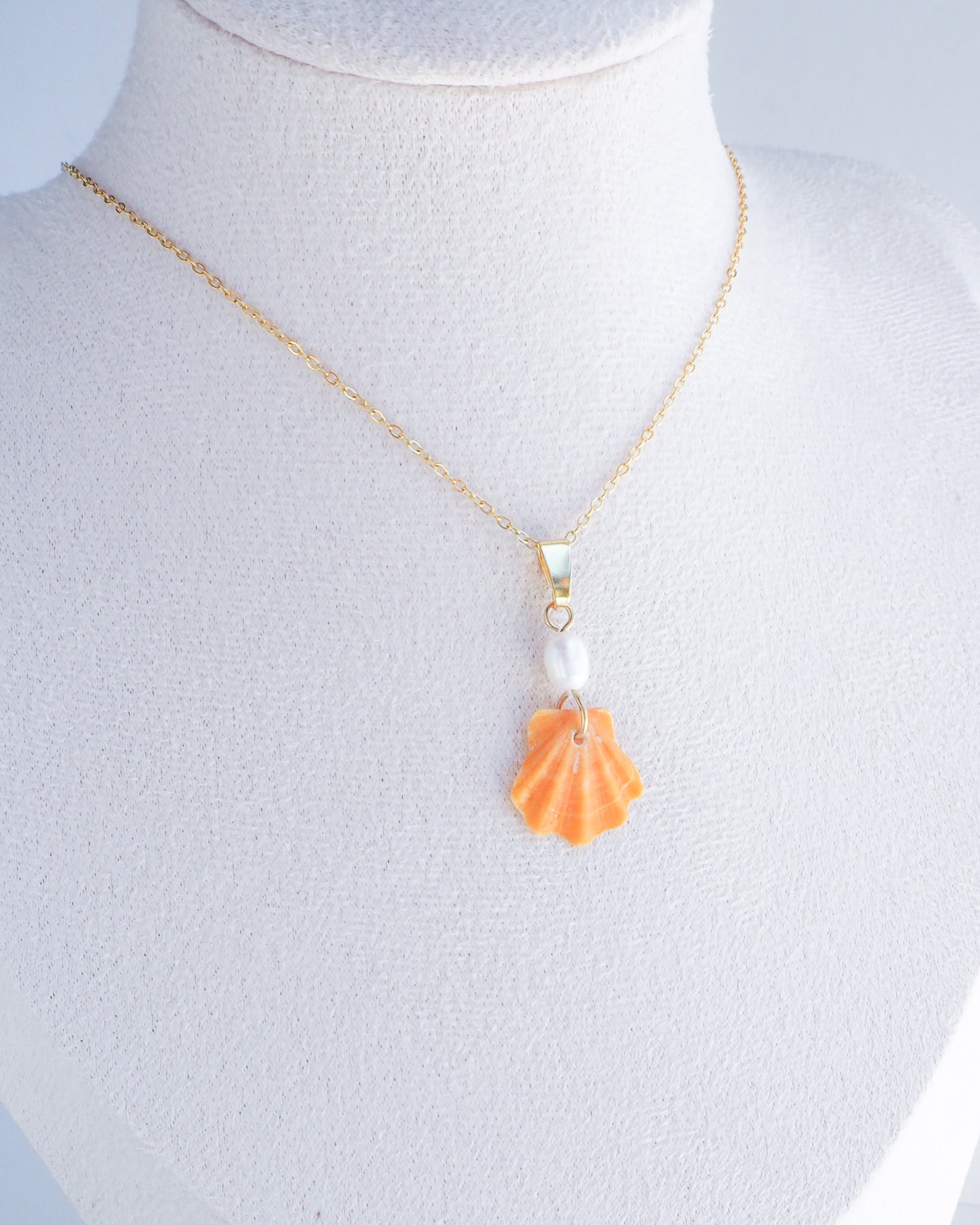 Gold Tiny Orange Scallop Shell Pearl Gold Necklace on model, Orange Scallop Shell from Portugal, Algarve, Sea by Lou, Shell and freshwater pearl necklace