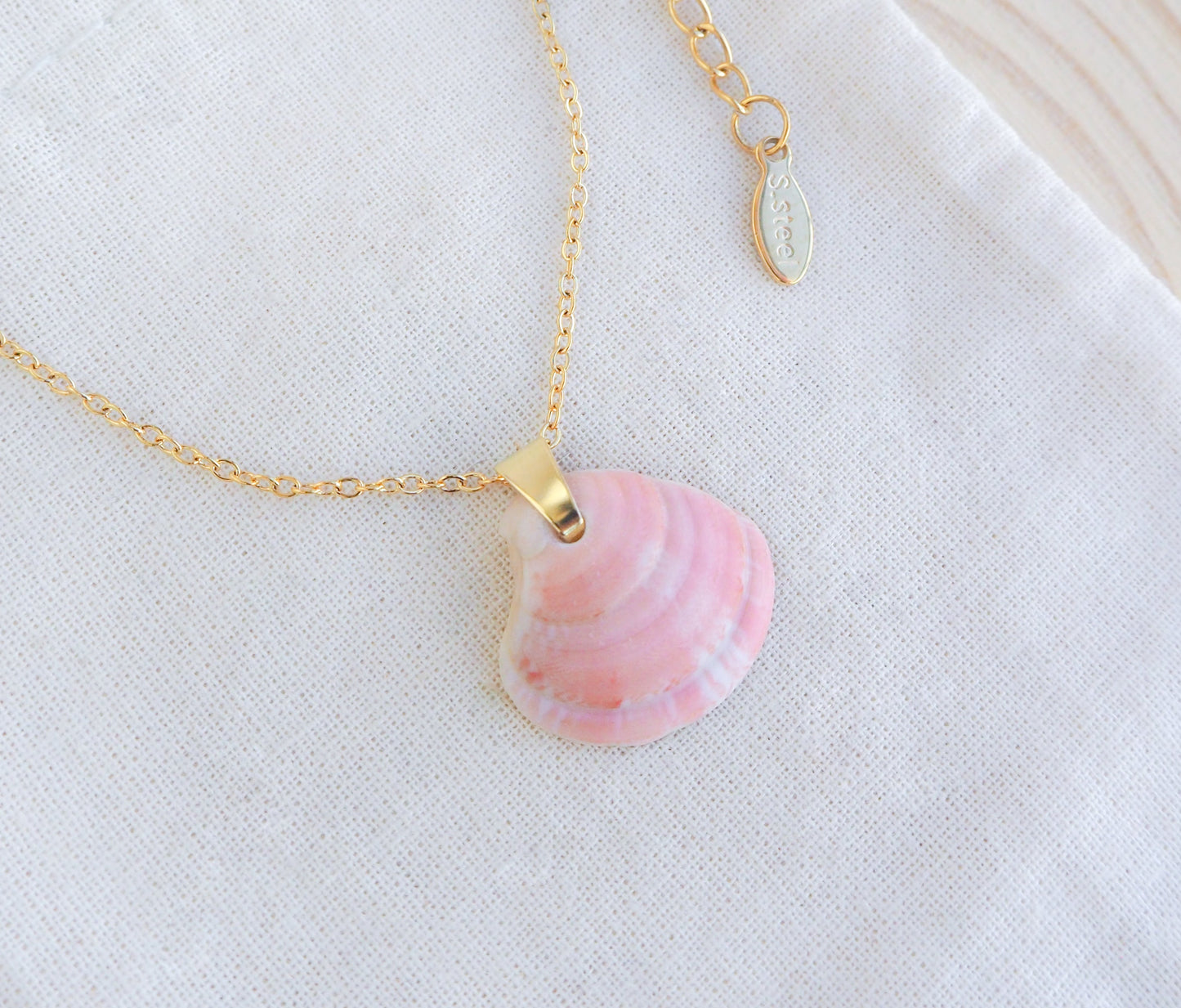 Gold Tiny Pink Venus Shell Necklace on display, seabylou