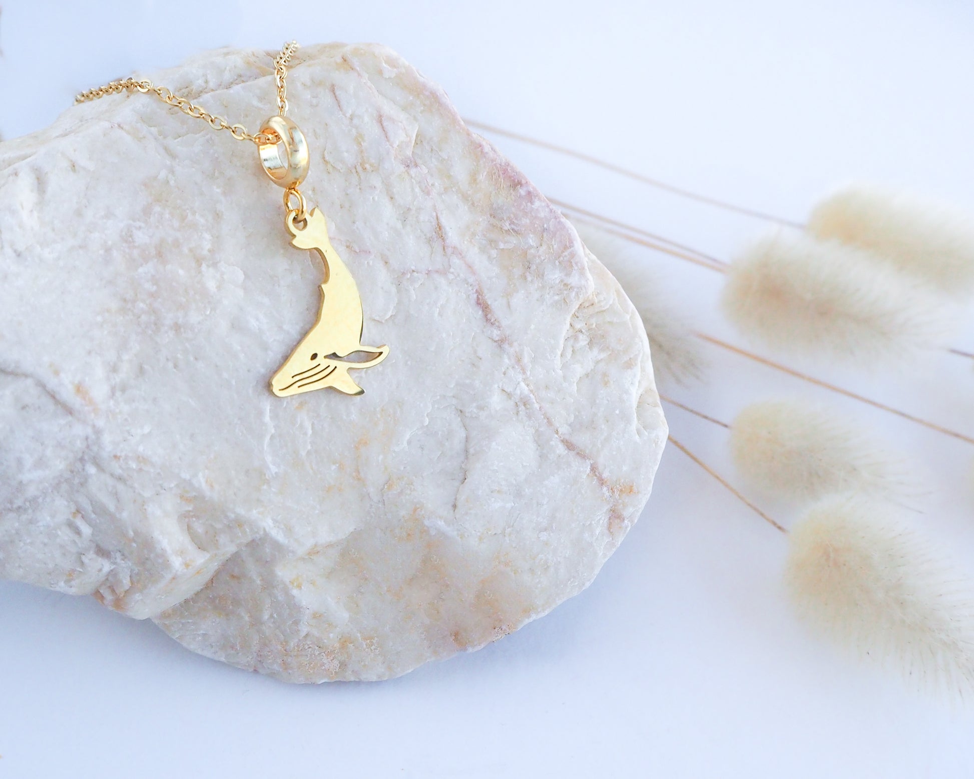 Gold Whale Necklace on stone, Gold Plated Waterproof Ocean Inspired jewelry