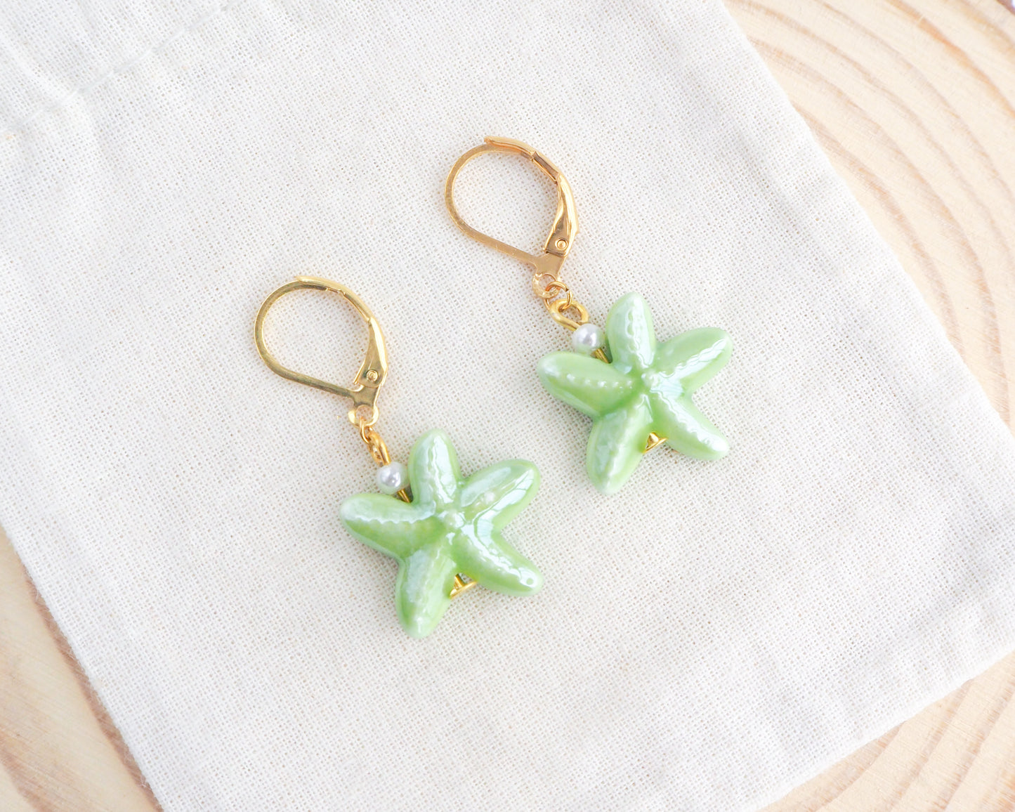 Green Ceramic Starfish Sea Star Gold Earrings on display, Green Starfish Summer earrings