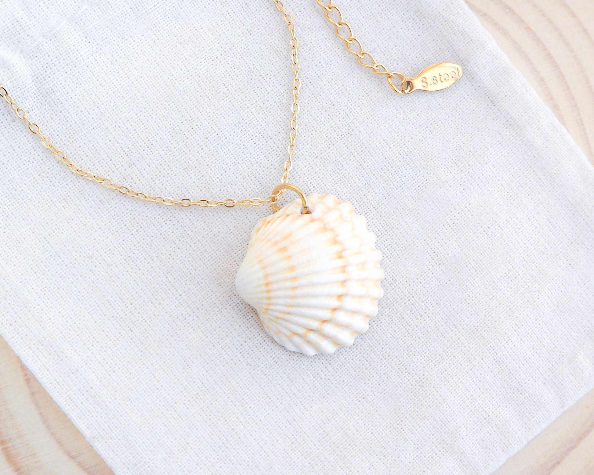 Gold Light Mediterranean Cockle Shell on display Necklace, Sunny Yellow Shell from Portugal