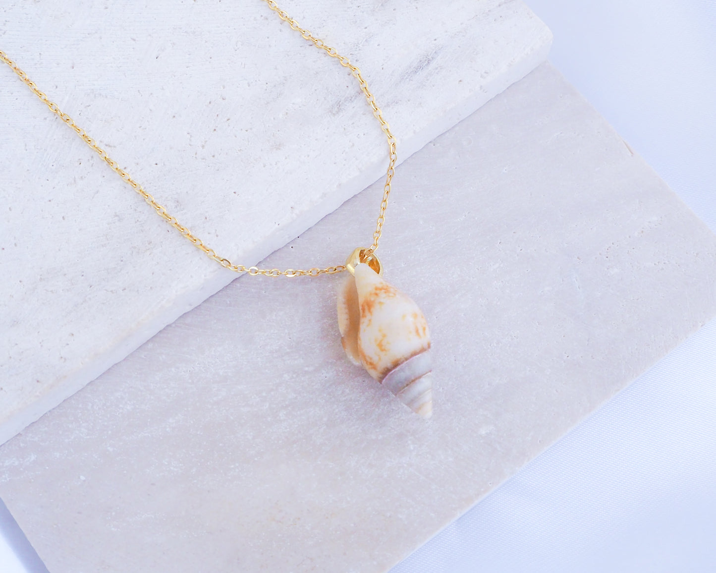 Light Rustic Dove Shell Gold Necklace on display, Tiny shell from Portugal