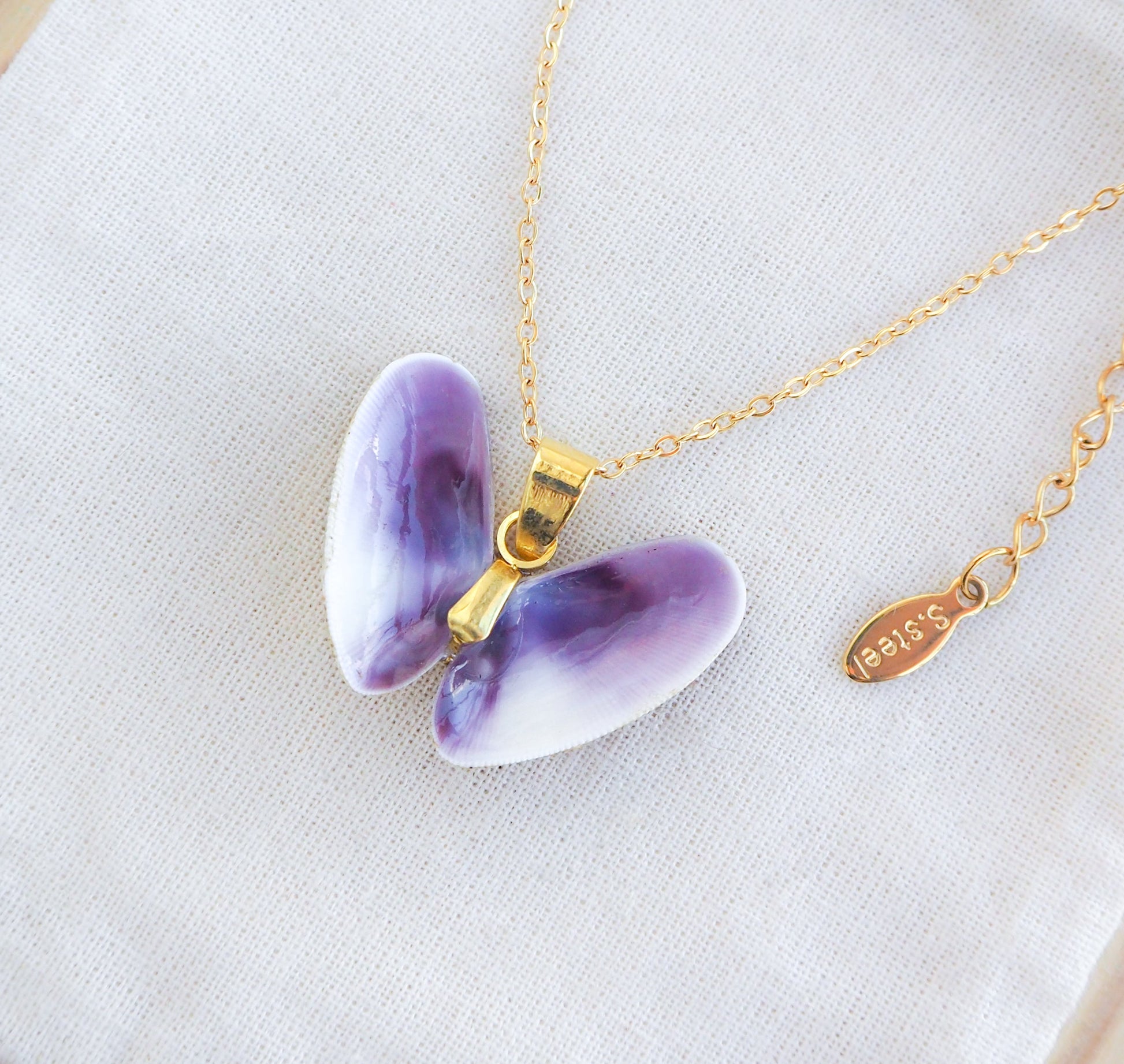 Gold Necklace with Lovely Donax Shell, Purple Coquina Shell Necklace, Purple Shell from Portugal