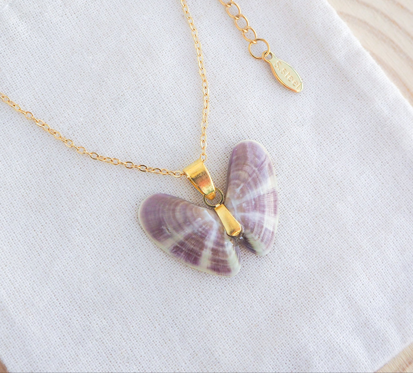 Backside of Gold Necklace with Lovely Donax Shell, Purple Coquina Shell Necklace, Purple Shell from Portugal