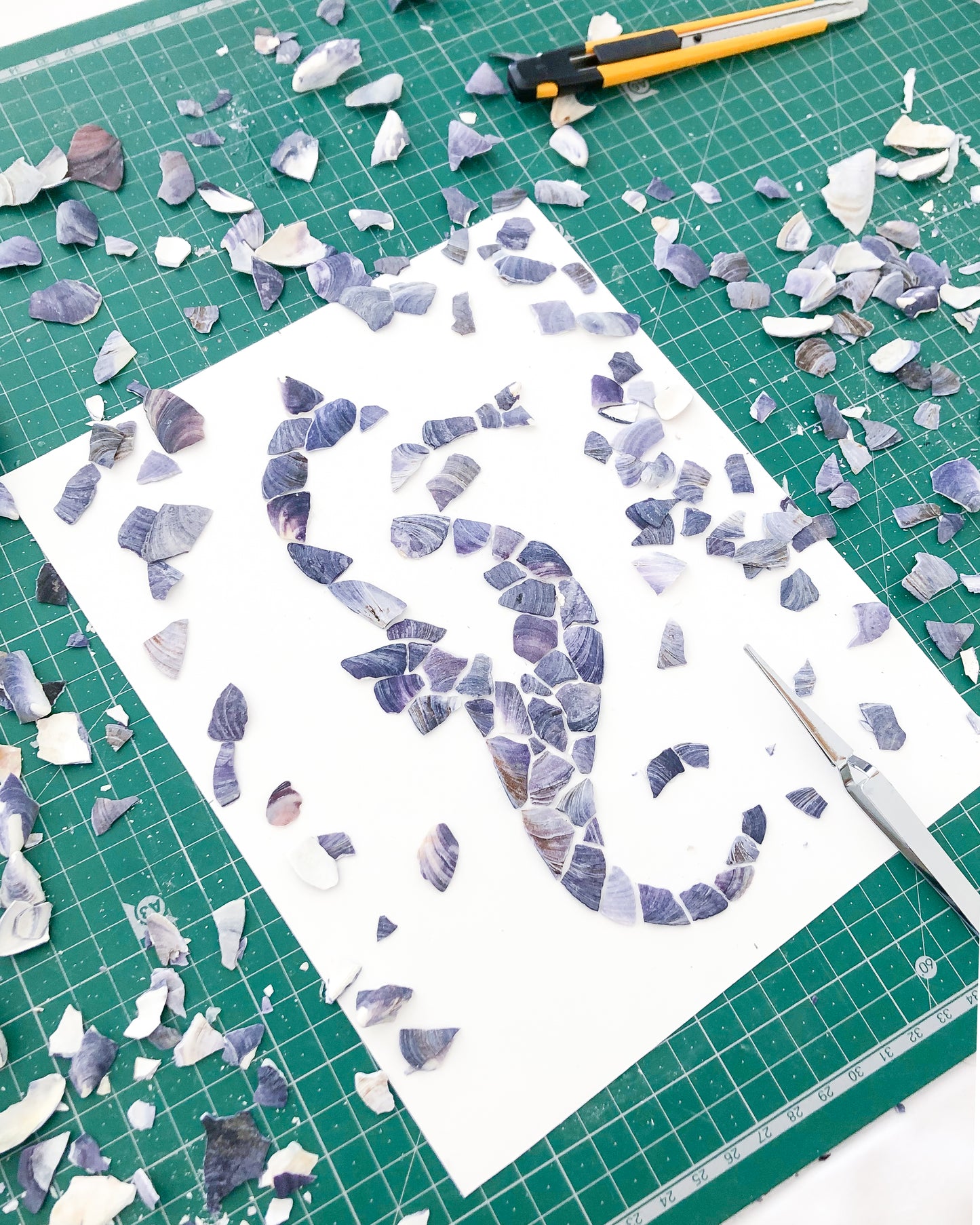 Making of Blue Mussel Mosaic Seahorse Artwork, Seashell Mosaic Hippocampus Coastal Wall Art, Coastal Home Decor, Handmade Seashell Art with Blue Mussel Shells from Portugal