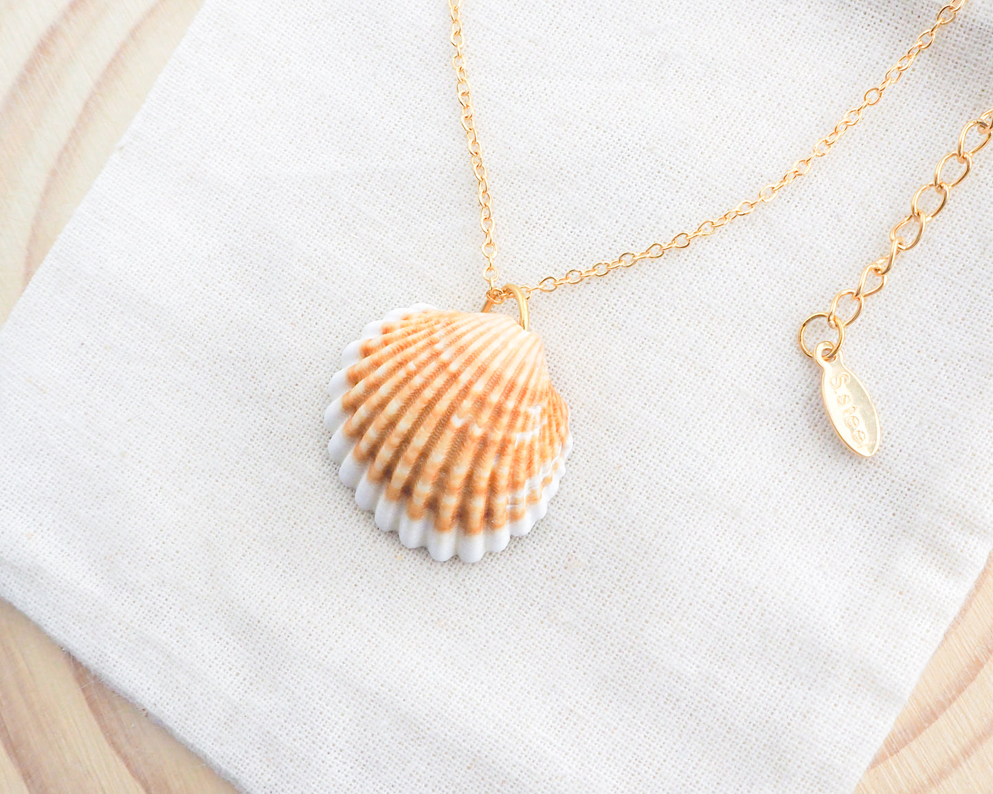 Gold Mediterranean Cockle Shell VII on display Necklace, Sunny Yellow Shell from Portugal