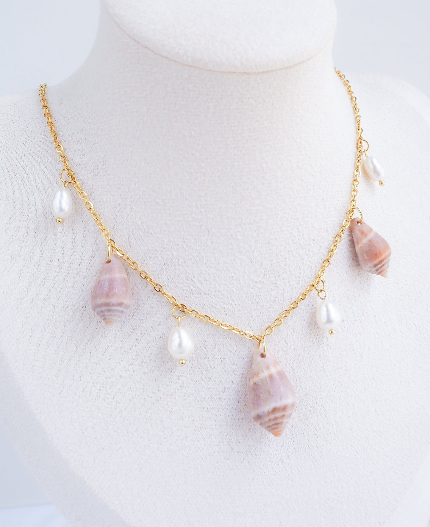 Mediterranean Cone Shell with Pearl Charm Gold Necklace on neck display