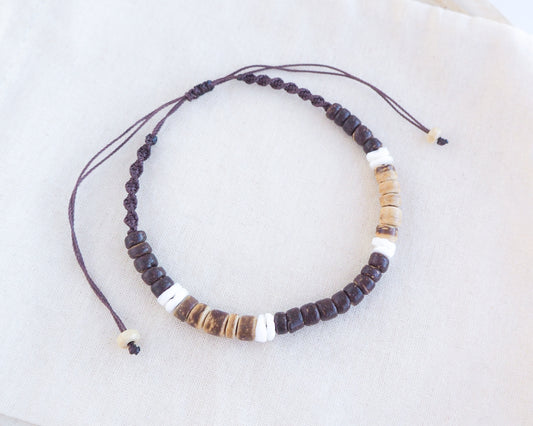 Mens Coconut Shell Surfer Bracelet, Summer Wood Anklet, Summer Surf Bracelet For Men, Coconut Wood Surf Bracelet