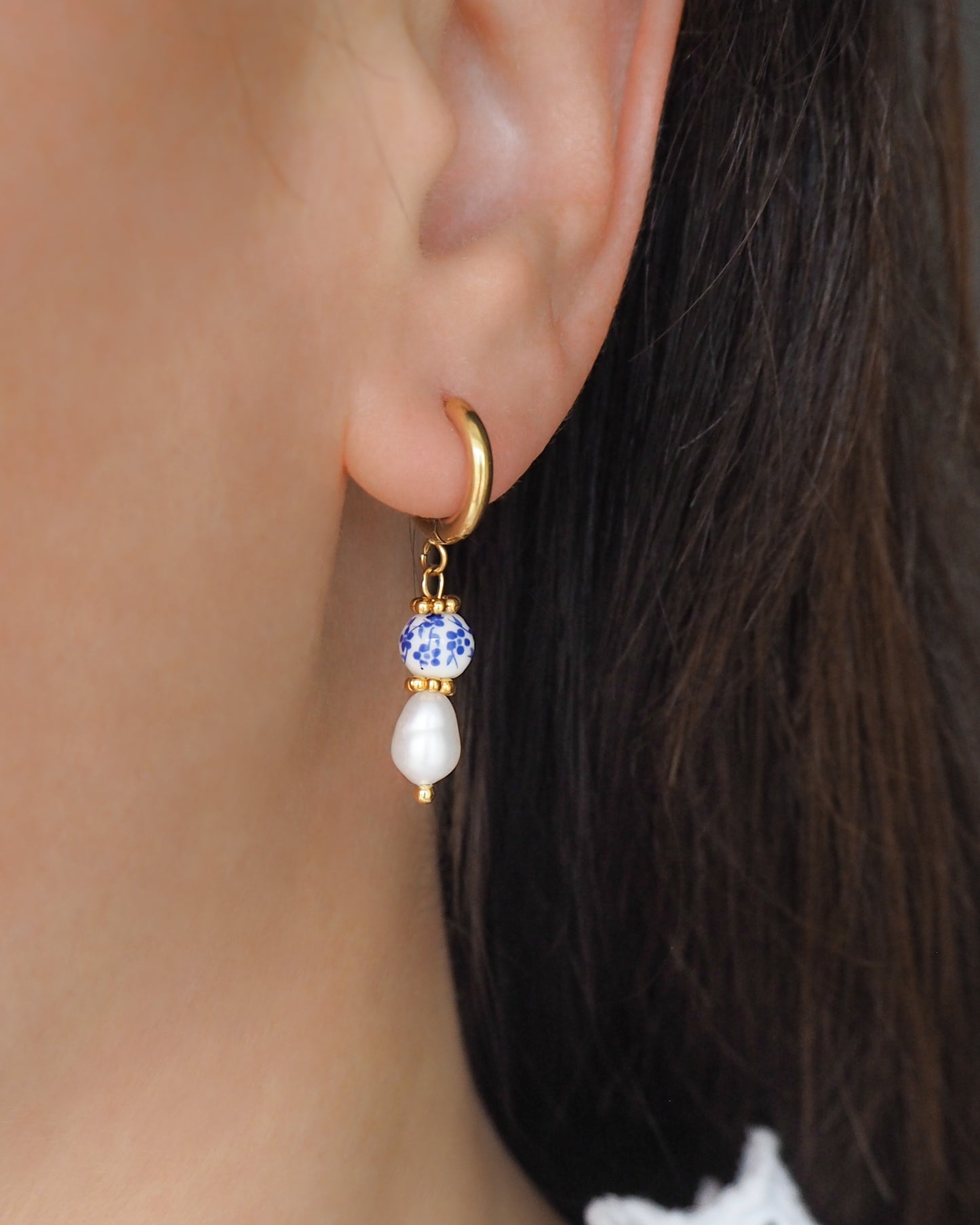 Mini Azulejo Earrings from Portugal in ear model, Dainty Portuguese Ceramic Pearl Earrings, Portuguese Tlle Jewelry, Blue White Flower Porcelain Earrings