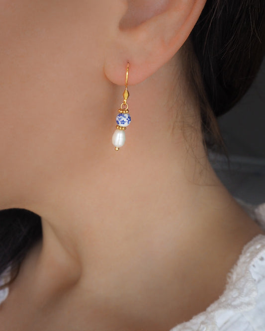 Mini Portuguese Ceramic Pearl Gold Earrings in ear model, Dainty Azulejo Earrings from Portugal, Portuguese Tlles Jewelry, Blue White Flower Porcelain Earrings