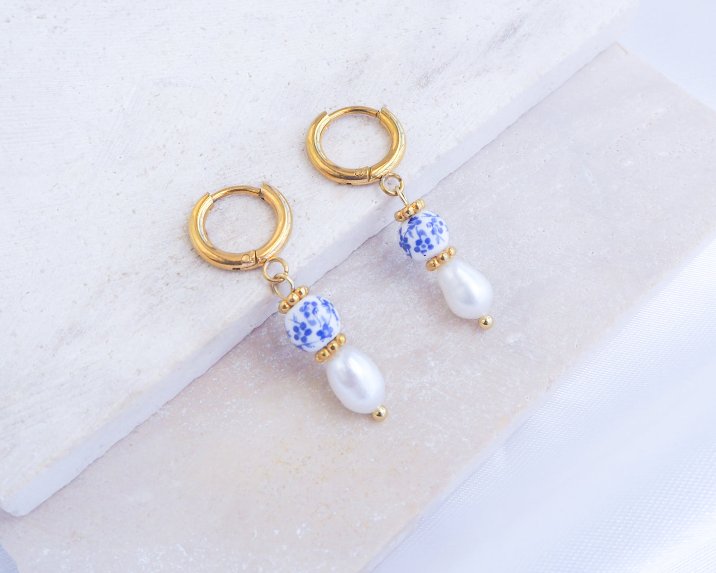 Portuguese Ceramic Pearl Mini Earrings on display, Mini Azulejo Earrings from Portugal, Portuguese Tlle Jewelry, Blue White Flower Porcelain Earrings