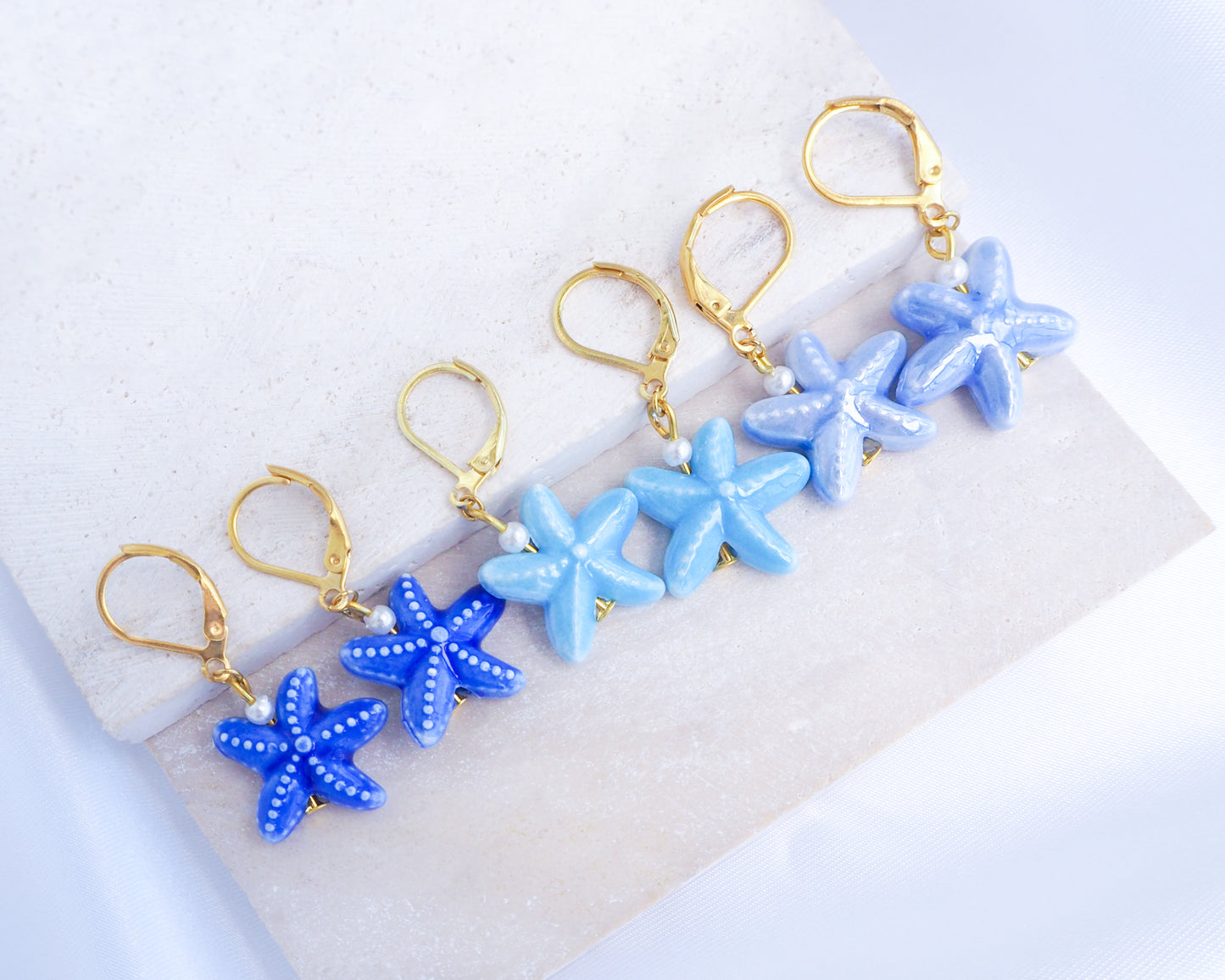 Blue Ceramic Sea Star Gold Earrings Mix