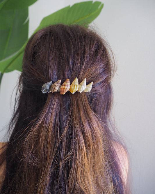Model wearing Netted Dog Whelk Shells Rainbow Hair Clip Barrette, Boho Seashell Beach Clip from Portugal, Handpicked Real Shells, Seashell Hair Decoration, Bohemian Seashell Wedding Hair accessoires, Coastal Christmas gift, Beach Wedding Hair