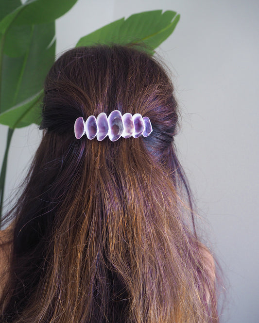 Model wearing Purple Coquina Shells Hair Clip Barrette on stone displayed, Purple Shells from Portugal, Handpicked Real Coquina Shells, SeaShell Hair Decoration, Seashell Wedding Hair Assocciares, Coastal Christmas gift, Beach Wedding Hair