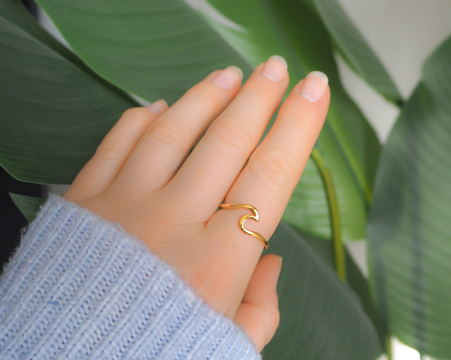 Gold Wave Ring on finger model, waterproof beach girl jewelry