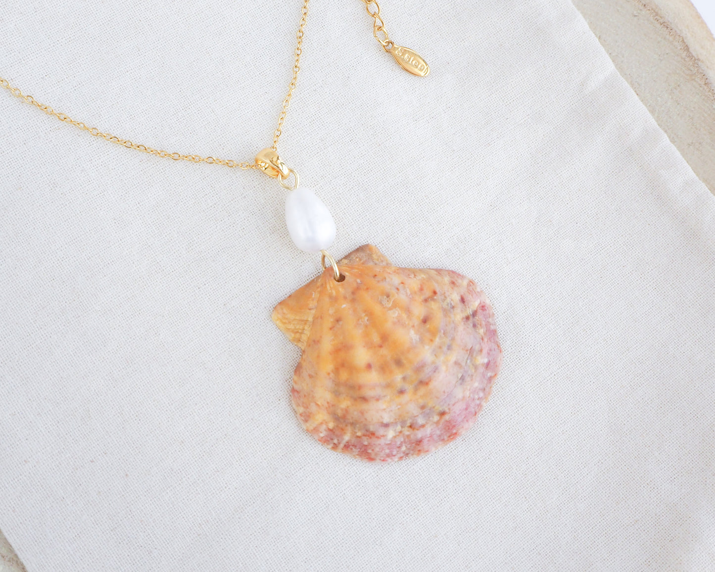 Orange Pink Scallop Shell Pearl Necklace on display