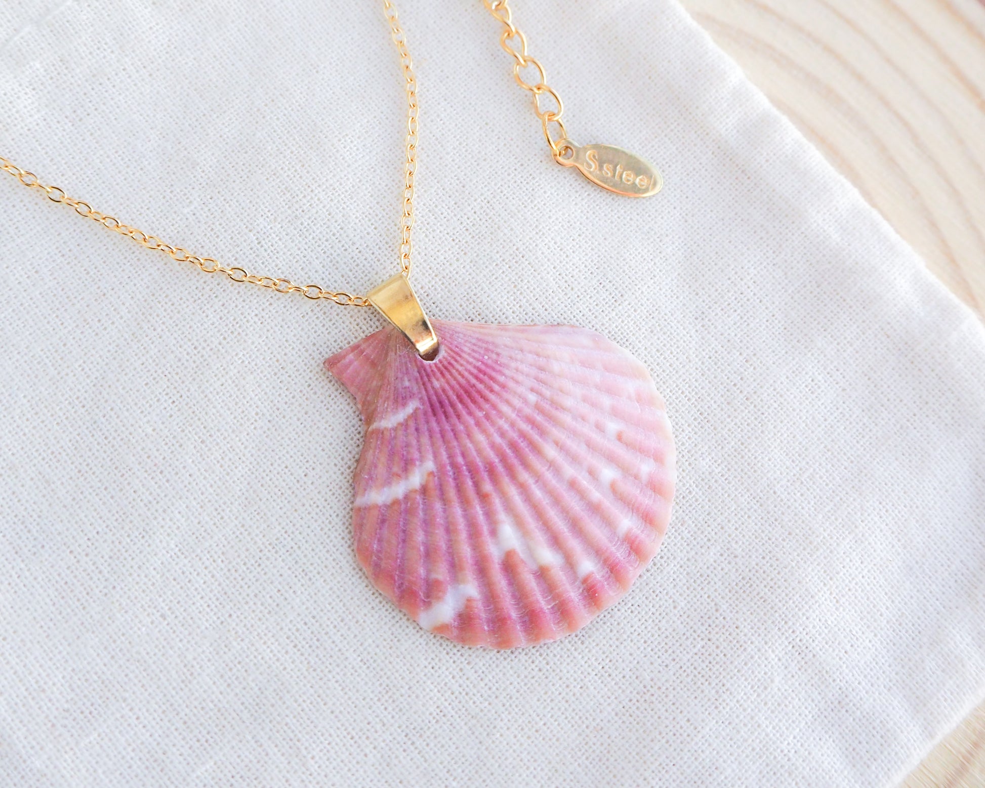 Pink Scallop Shell Gold Necklace on display, Scallop Shell from Portugal
