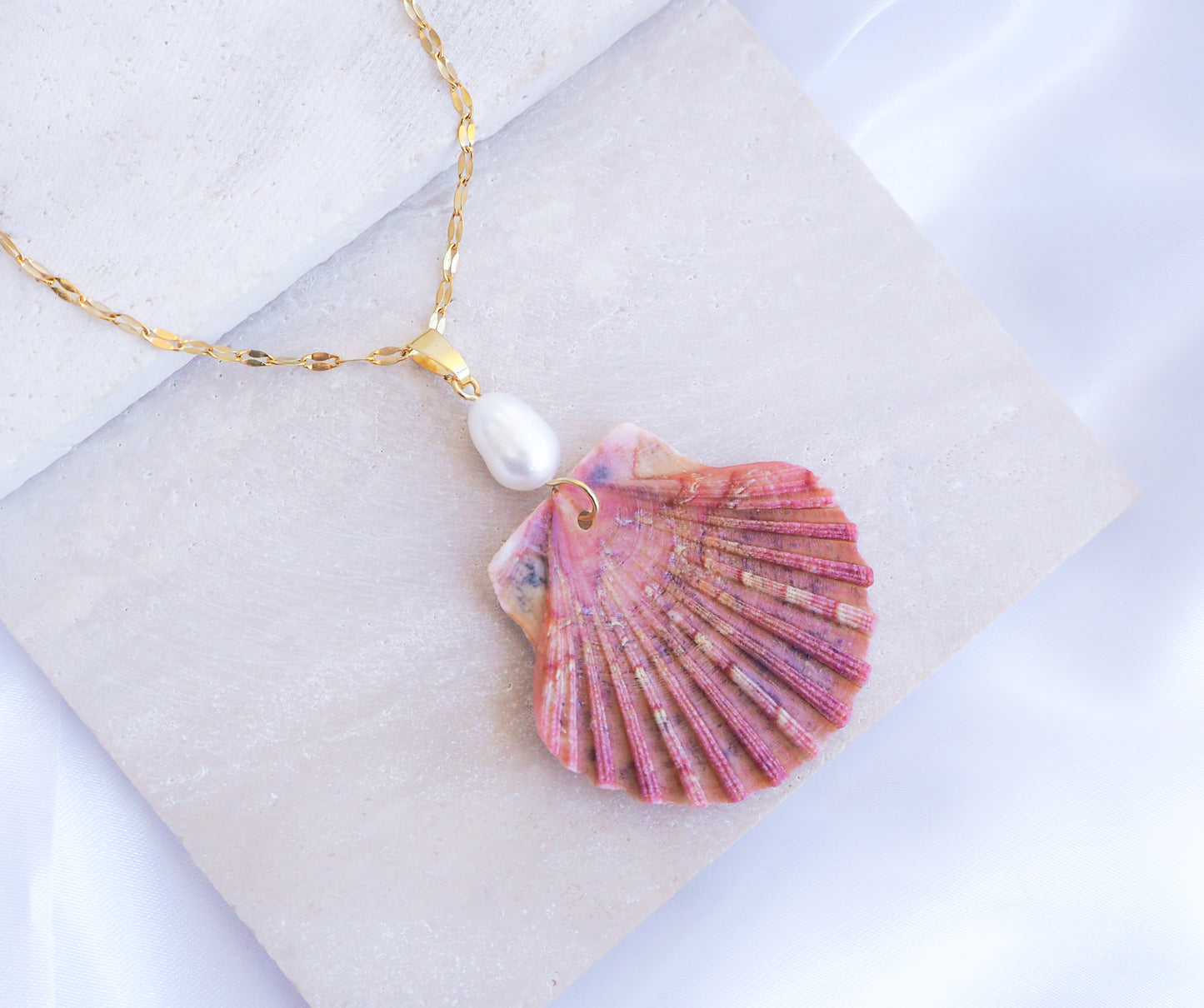 Pink Scallop Shell Pearl Necklace, Gold Necklace with Great Scallop Shell and Freshwater Pearl on display