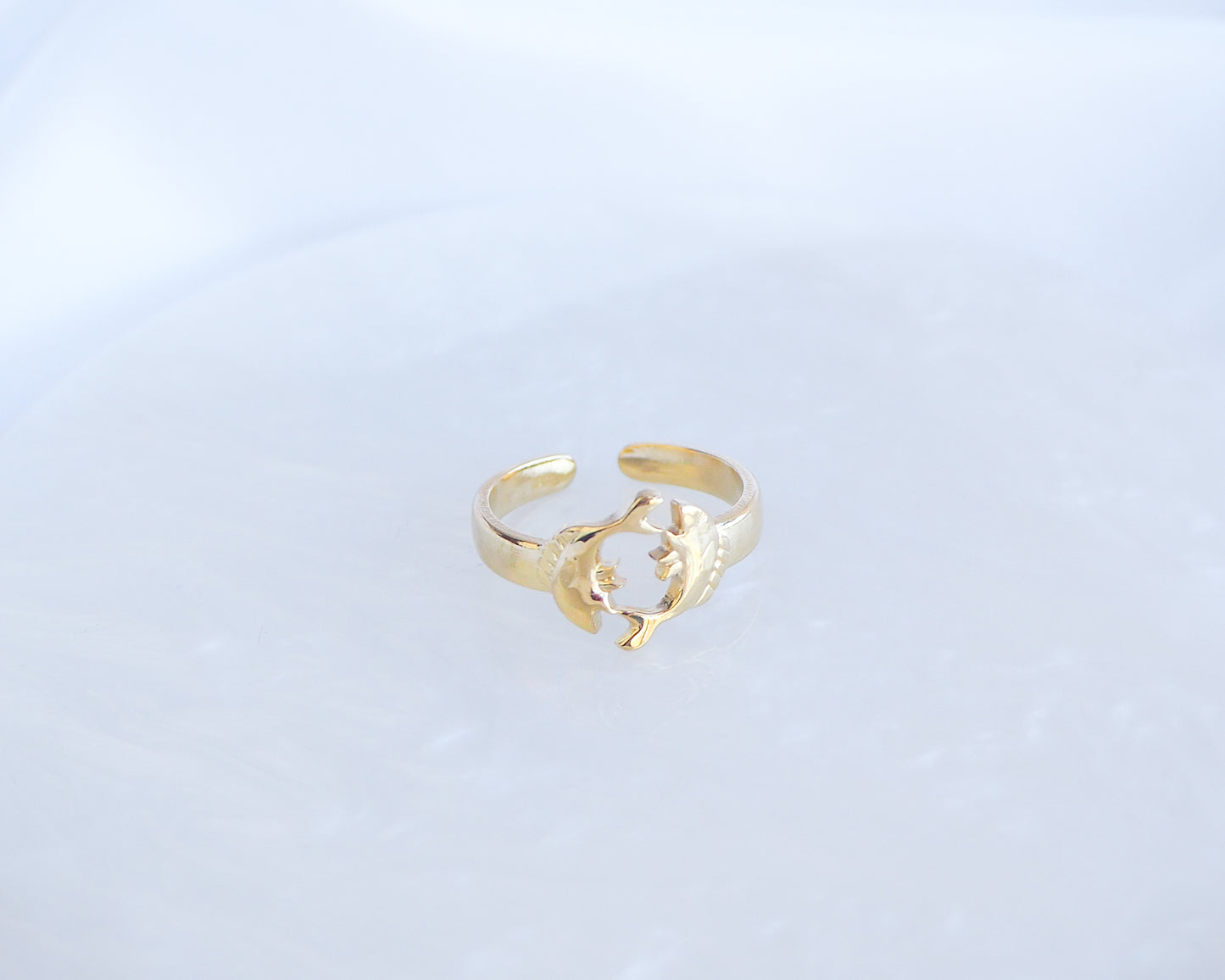Close up of Gold Pisces Zodiac Ring on display, adjustable 18k gold stainless steel Fish ring
