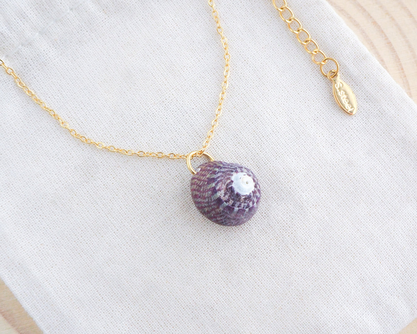 Plum Striped Top Shell Gold Necklace on display side view, Purple Striped Top shell from Portugal on gold chain