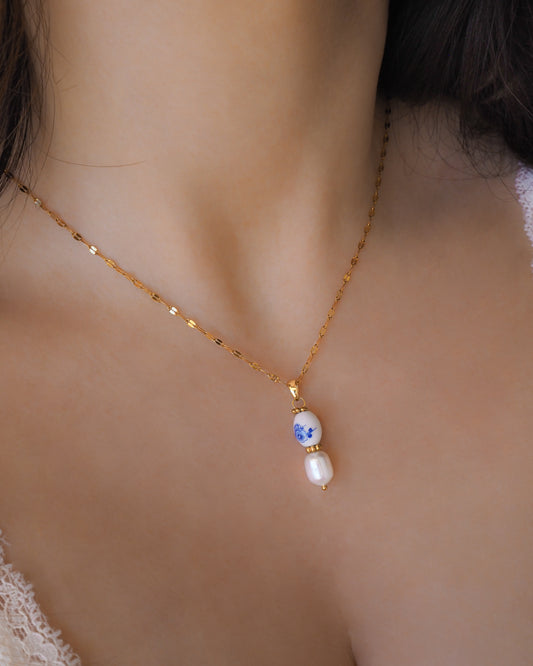 Portuguese Ceramic Flower Tile Gold Necklace with Pearl on model