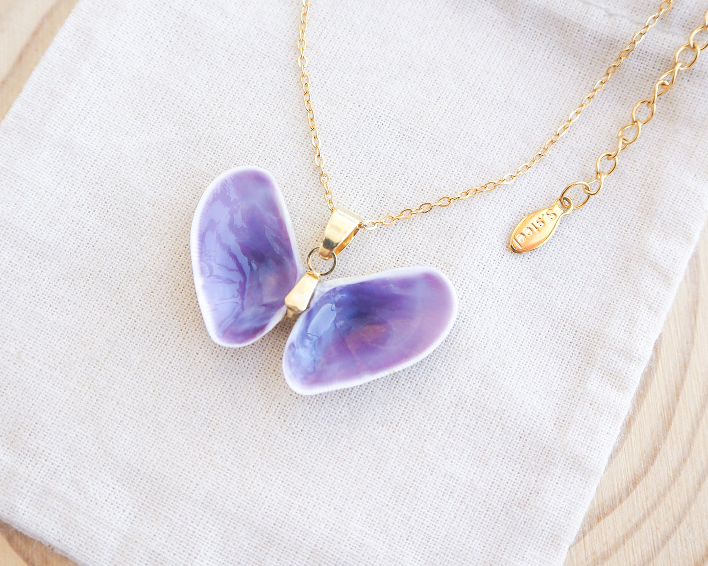 Purple Coquina Shells Butterfly Gold Necklace from Portugal on display side view