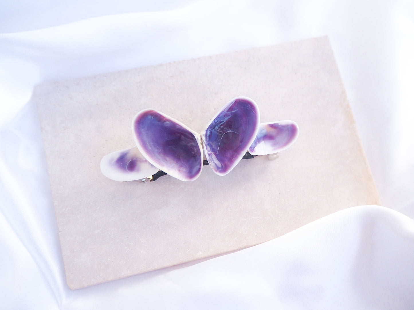 Purple Coquina Shells Butterfly Hair Clip Barrette on stone displayed, Purple Shells from Portugal, Handpicked Real Coquina Shells, Sea Butterfly Shell Hair Decoration, Seashell Wedding Hair Assocciares, Coastal Christmas gift, Beach Wedding Hair