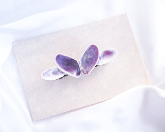 Purple Coquina Shells Butterfly Hair Clip Barrette II on stone displayed, Purple Shells from Portugal, Handpicked Real Coquina Shells, Sea Butterfly Shell Hair Decoration, Seashell Wedding Hair Assocciares, Coastal Christmas gift, Beach Wedding Hair