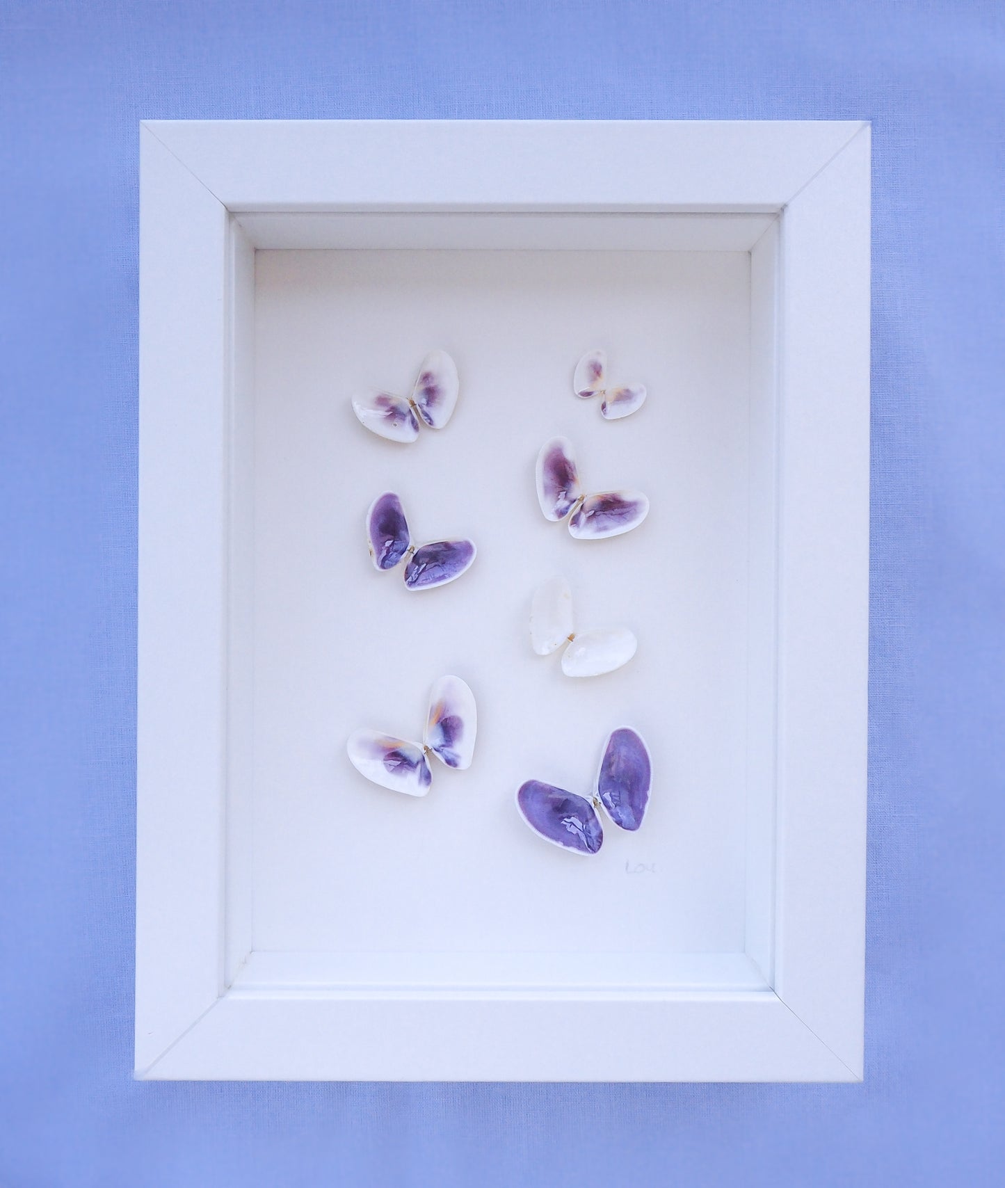 Purple Butterfly Shells Art front view, Nursery room coastal wall art, Seashell Butterfly, Coquina shells