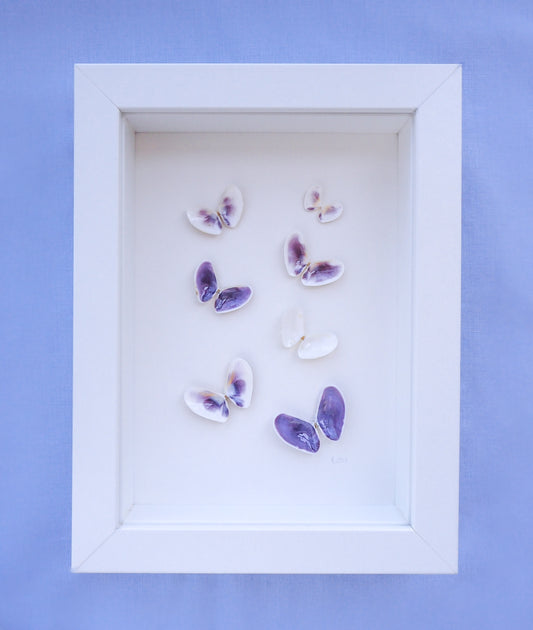 Purple Butterfly Shells Art front view, Nursery room coastal wall art, Seashell Butterfly, Coquina shells