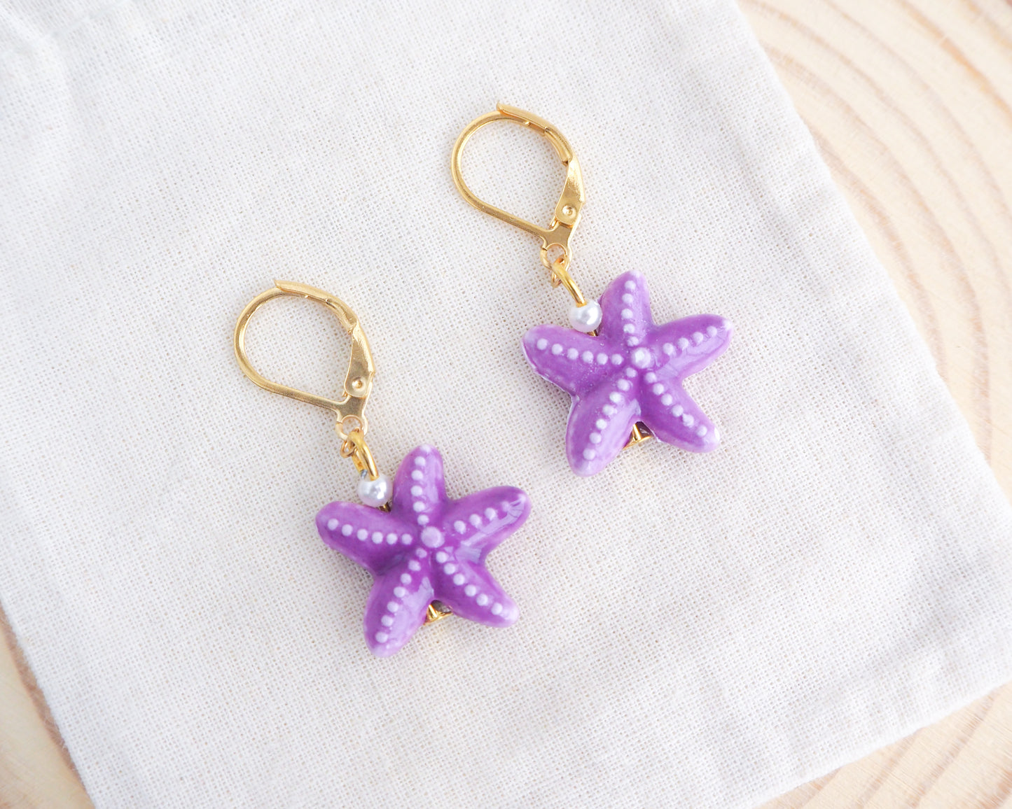 Purple Starfish Gold Earrings made of Ceramic