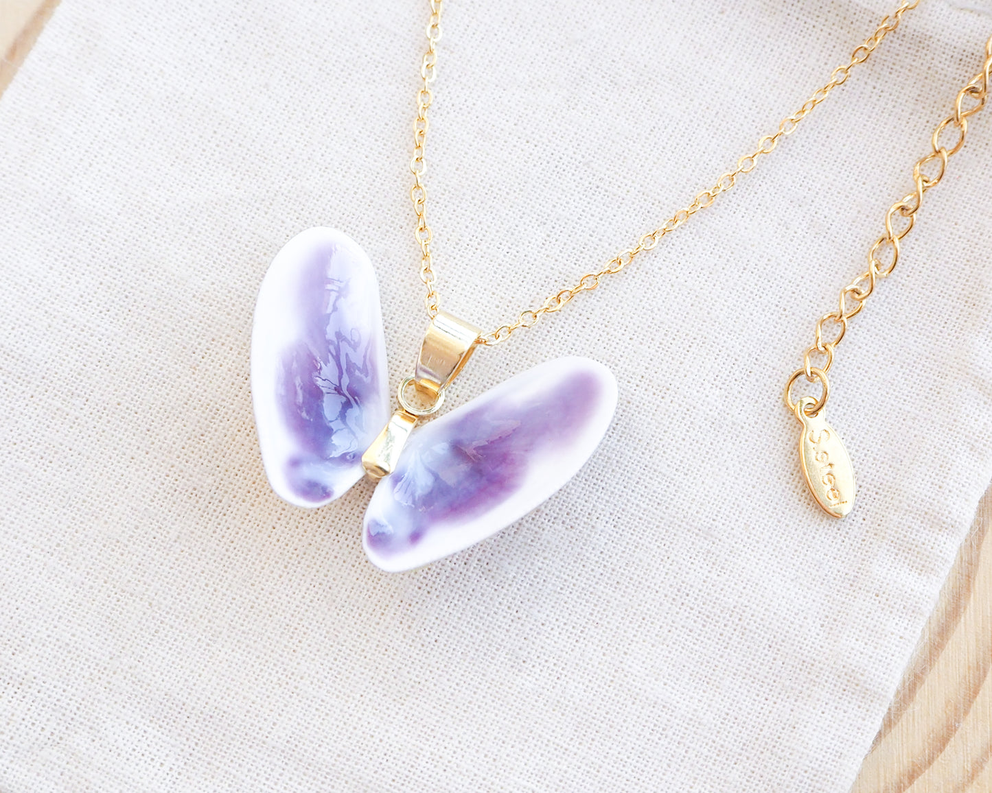 Purple White Coquina Butterfly Shells Gold Necklace XI side view