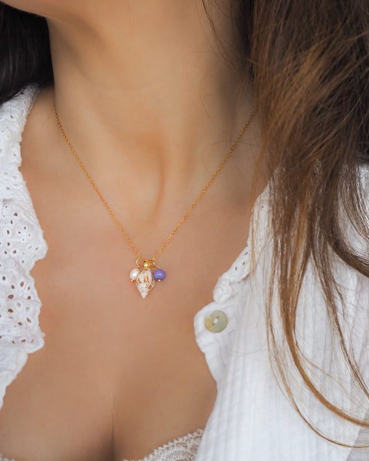 Rustic Dove Shell Angelite Gemstone Pearl Necklace on model, Angelite Gemstones Real Shell Jewelry, Shell from Algarve Portugal, Seabylou