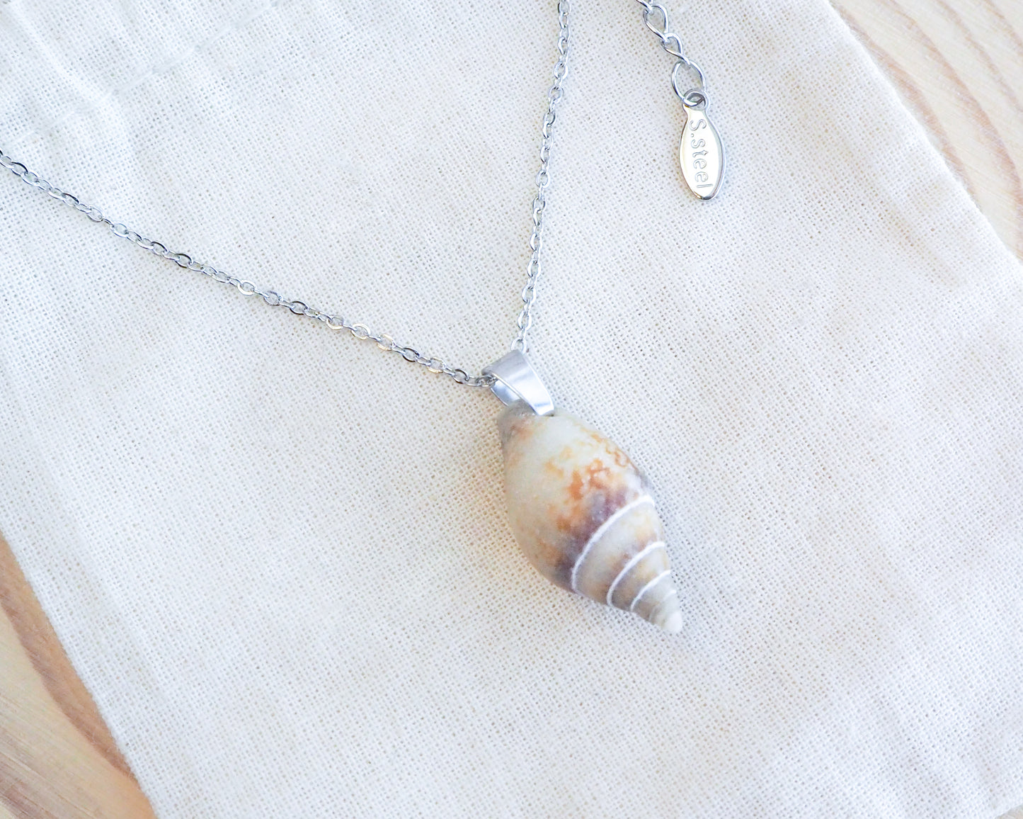 Rustic Dove Shell Silver Necklace on discplay, Tiny shell from Portugal
