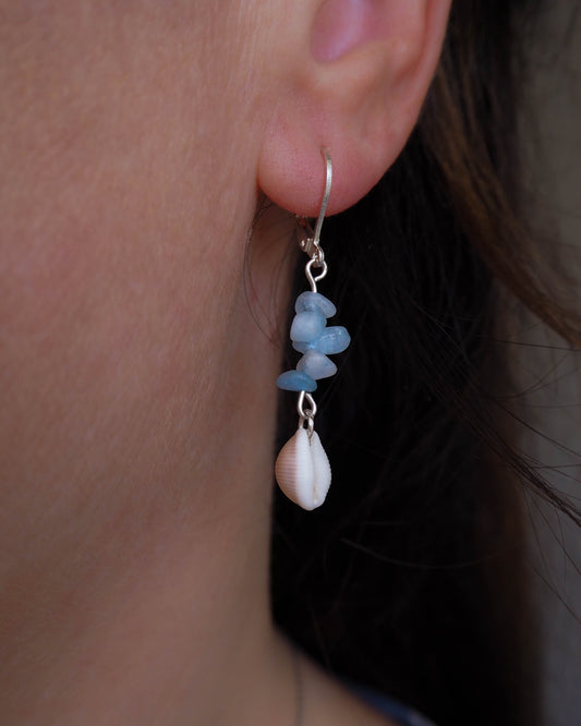 COASTAL AQUAMARINE ~ COWRIE SEASHELL EARRINGS