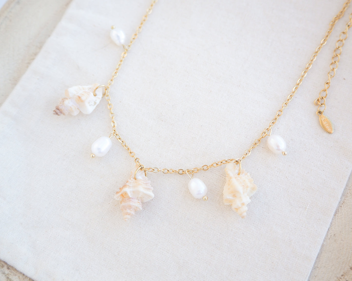 Side view of gold necklace with seashells and pearls on cotton. Portuguese Shell Pearl Charm Necklace with tiny sting winkle shells from Portugal and ivory white Freshwater pearls.