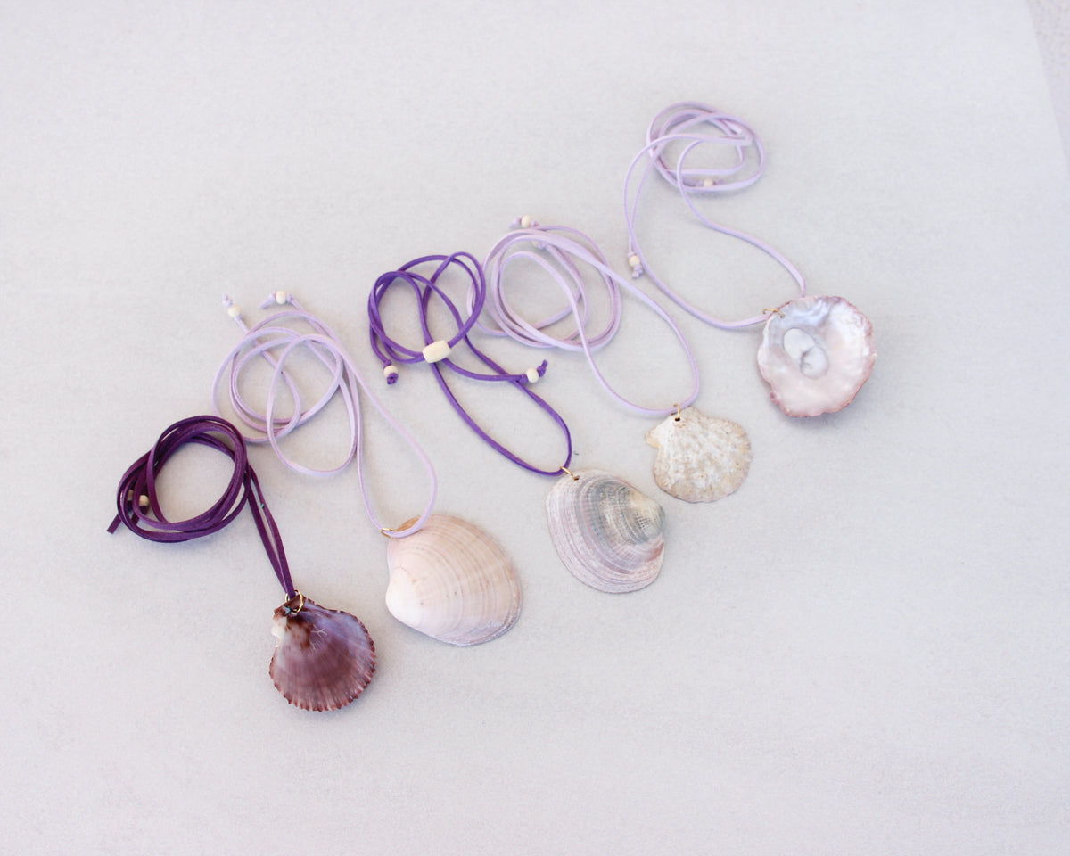 BIG CLAM SHELL NECKLACE ~ Purple Suede Cord