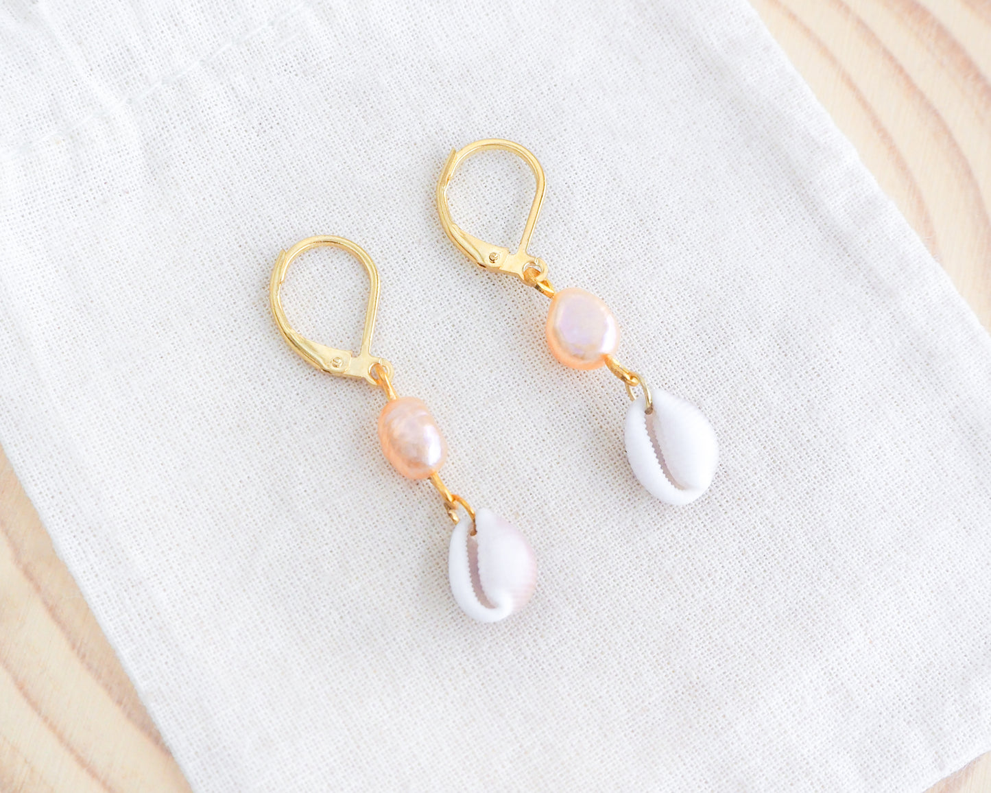 Gold Tiny Cowrie Seashell Wedding Earrings with Rose Freshwater Pearl, Trendy Shell Beach Shell Drop Earrings