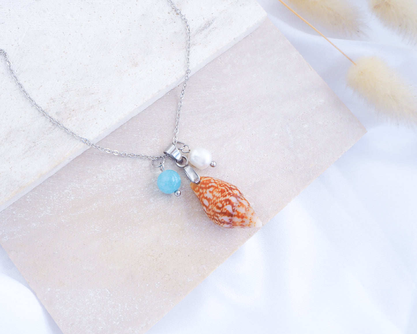 OCEANIC TRIO SILVER NECKLACE - Blue Pearl Rustic Dove Shell