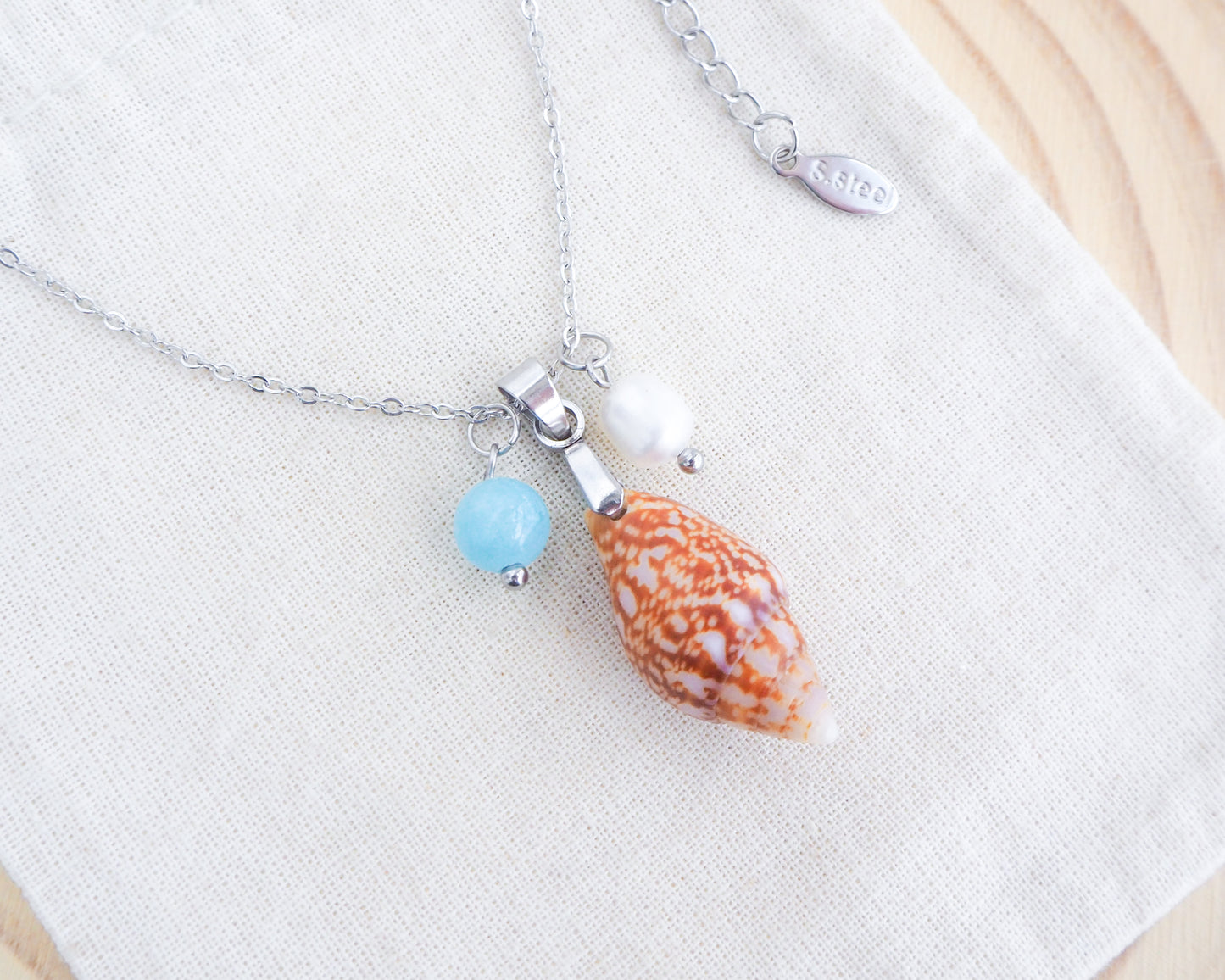 OCEANIC TRIO SILVER NECKLACE - Blue Pearl Rustic Dove Shell