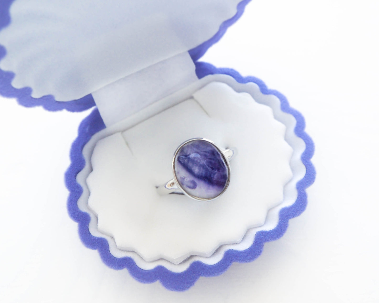 Close-Up of Blue Mussel Shell in 925 Silver adjustable Ring, Detailed shot showcasing the vibrant Blue Mussel shell set in a 925 silver adjustable ring, capturing the intricate patterns and oceanic beauty