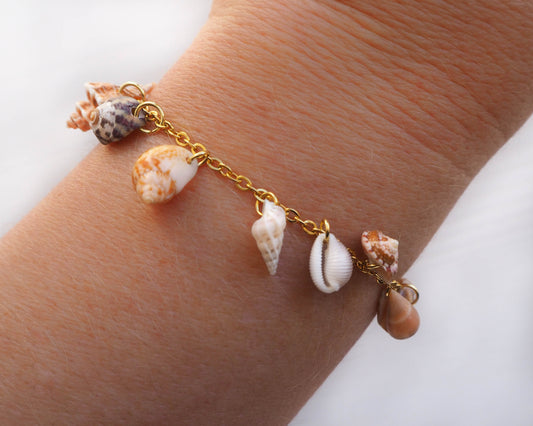 Model wearing Shell Jewelry from Portugal, Coastal Charm Collection: 8 Tiny Shells on Gold Stainless Steel - Mediterranean Cone, European Cowrie, Flat Topshell, Rustic Dove, Common Wentletrap, Sting Winkle, European Painted Topshell, Nassa Mud Shell