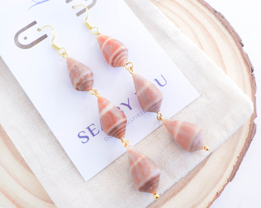 Triple Cone Shell Drop Dangle Gold Earrings