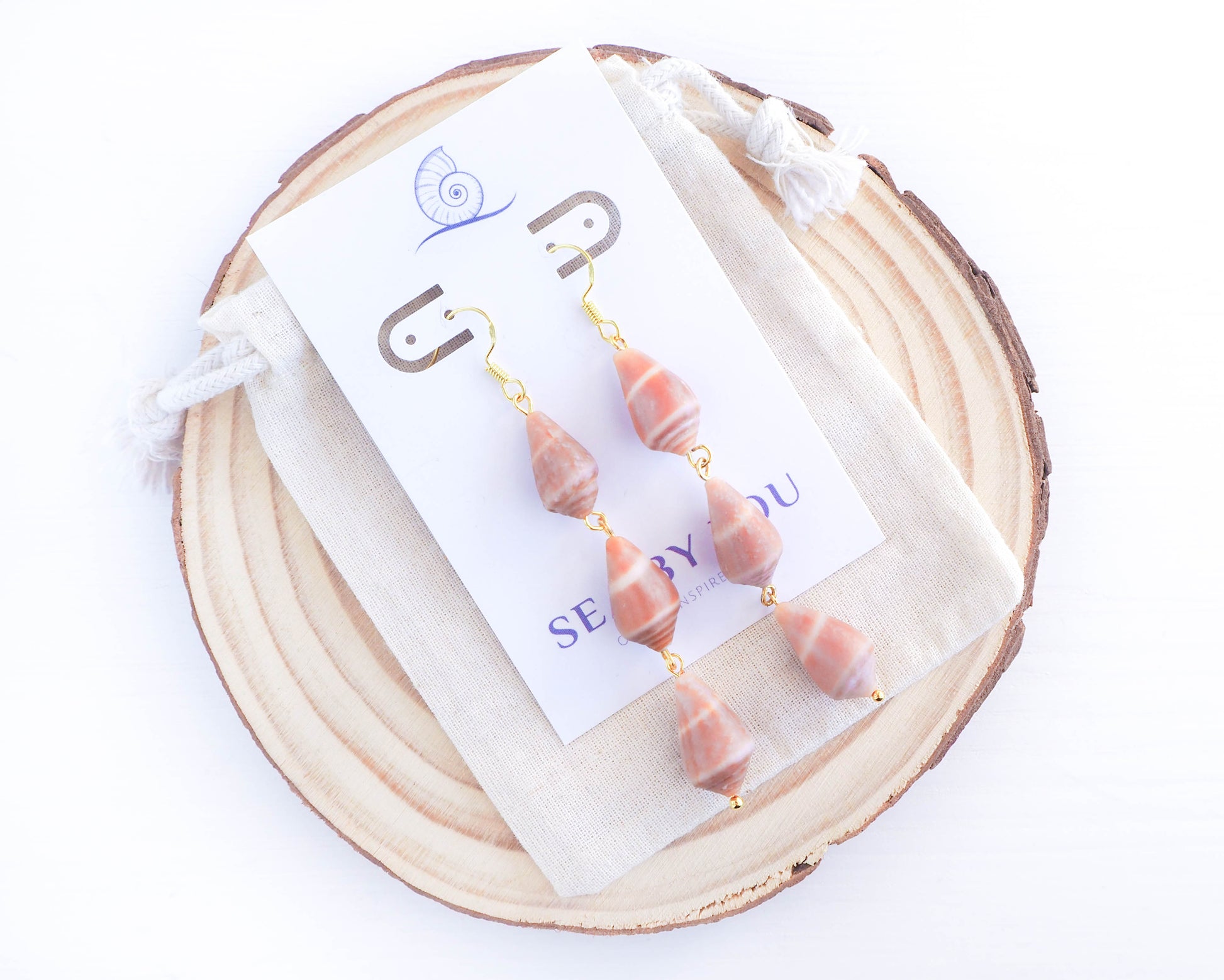 Drop Dangle Gold Earrings with 3 Real Cone Shells from Portugal, seabylou